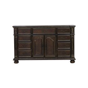 Formal Traditional Dresser of 9 Drawers Dark Cherry Finish with Gold Tipping Storage Cabinet Adjustable Shelf Luxury Home Furniture 1pc European