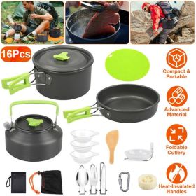 16Pcs Camping Cooking Ware Set Camping Stove Cookware Kit Aluminum Pot Pan Kettle Set with Bowls Knife Fork Spoon Carabiner Spatula Cutting Board