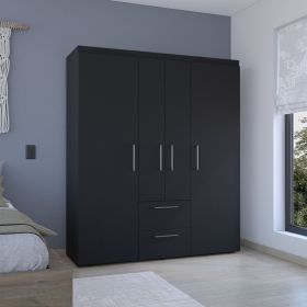 Bariloche Wardrobe, Multi-Section Storage with Hanging Rods, Shelves, and 2 Drawers Black