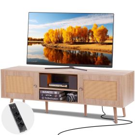 VEVOR Rattan TV Stand, Mid Century Modern TV Stand for 65 inch TV, Boho Rattan TV Cabinet with Build-in Socket and USB Ports