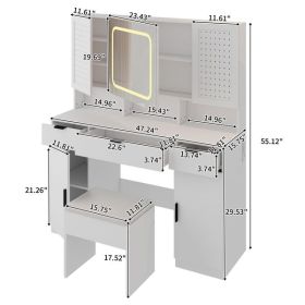 Large Vanity Table Set with LED Lighted Mirror and 2 DIY Pegboards, 5 Hooks, Vanity Desk with Charging Station, Makeup Table with Drawers