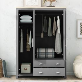 Three Door Storage Wardrobe with Cabinets and Two Hanging Rods,Gray