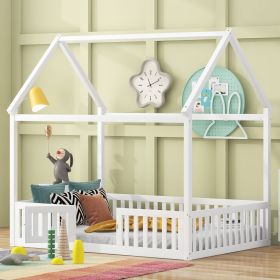 Full Size Wood House Bed with Fence and Door, White(Old SKU: WF303134AAK)