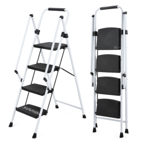 White Four-step Ladder, Light Folding Four-step Stool, Wide Anti-skid Pedal And Safety Handle, Strong Steel Ladder, Multi-purpose Ladder, Applica (Color: White)