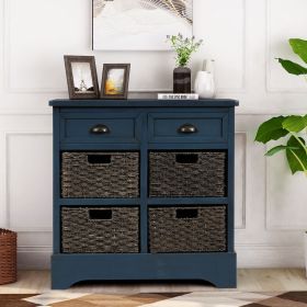 Rustic Storage Cabinet with Two Drawers and Four Classic Rattan Basket for Dining Room/Entryway/Living Room (Color: Antique Navy, Material: Solid Wood)