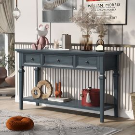 Classic Retro Style Console Table with Three Top Drawers and Open Style Bottom Shelf,Easy Assembly (Color: Navy, Material: Solid Wood)