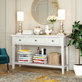 Classic Retro Style Console Table with Three Top Drawers and Open Style Bottom Shelf,Easy Assembly (Color: Antique White, Material: Solid Wood)