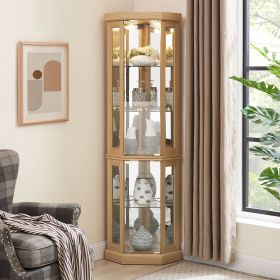 Corner Glass Cabinet Lighted Curio Cabinet Corner Display Case for Living Room, Curio Cabinet, Antique collection, Wine (Color: Light Oak, Material: MDF+glass)