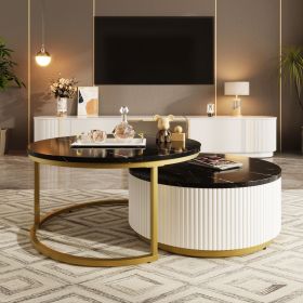 Modern Round Nesting Coffee Table Fluted with Drawer in 31.5'' (Color: Golden Black, Material: MDF)