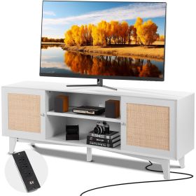 VEVOR Rattan TV Stand for 75in TV, Boho TV Stand with Rattan Door, Entertainment Center with Build-in Socket, Storage Cabinet with 2 Shelves (Color: White, size: 66 inch)