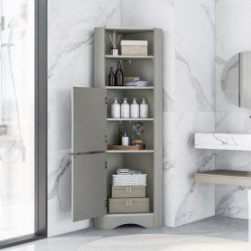 Tall Bathroom Corner Cabinet, Freestanding Storage Cabinet with Doors and Adjustable Shelves, MDF Board (Color: Gray)