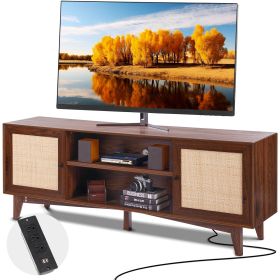 VEVOR Rattan TV Stand for 75in TV, Boho TV Stand with Rattan Door, Entertainment Center with Build-in Socket, Storage Cabinet with 2 Shelves (Color: Walnut, size: 66 inch)