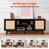 VEVOR Rattan TV Stand for 75in TV, Boho TV Stand with Rattan Door, Entertainment Center with Build-in Socket, Storage Cabinet with 2 Shelves