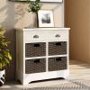 Rustic Storage Cabinet with Two Drawers and Four Classic Rattan Basket for Dining Room/Entryway/Living Room