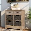 Rustic Storage Cabinet with Two Drawers and Four Classic Rattan Basket for Dining Room/Entryway/Living Room