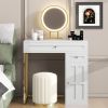 31.5'' Makeup Vanity Desk with Lighted Mirror, Luxury Dressing Table with 2 Drawers and 1 Cabinet, 3 Lighting Modes Available for Bedroom, White-