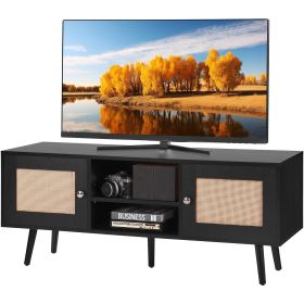 VEVOR Rattan TV Stand, Boho TV Cabinet for 55 inch TV, Mid Century Modern TV Stand, Rattan TV Console with Adjustable Shelfs for Living Room (Color: Black, size: 47 inches)