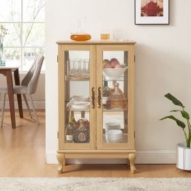 2 Doors Curio Cabinet with Tempered Glass Doors, Curio Cabinets with Mirrored Back Panel and Adjustable Shelves, Lighted Display Cabinet for Home (Color: Oak, Material: MDF+glass)