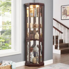 Corner Glass Cabinet Lighted Curio Cabinet Corner Display Case for Living Room, Curio Cabinet, Antique collection, Wine (Color: Cherry, Material: MDF+glass)